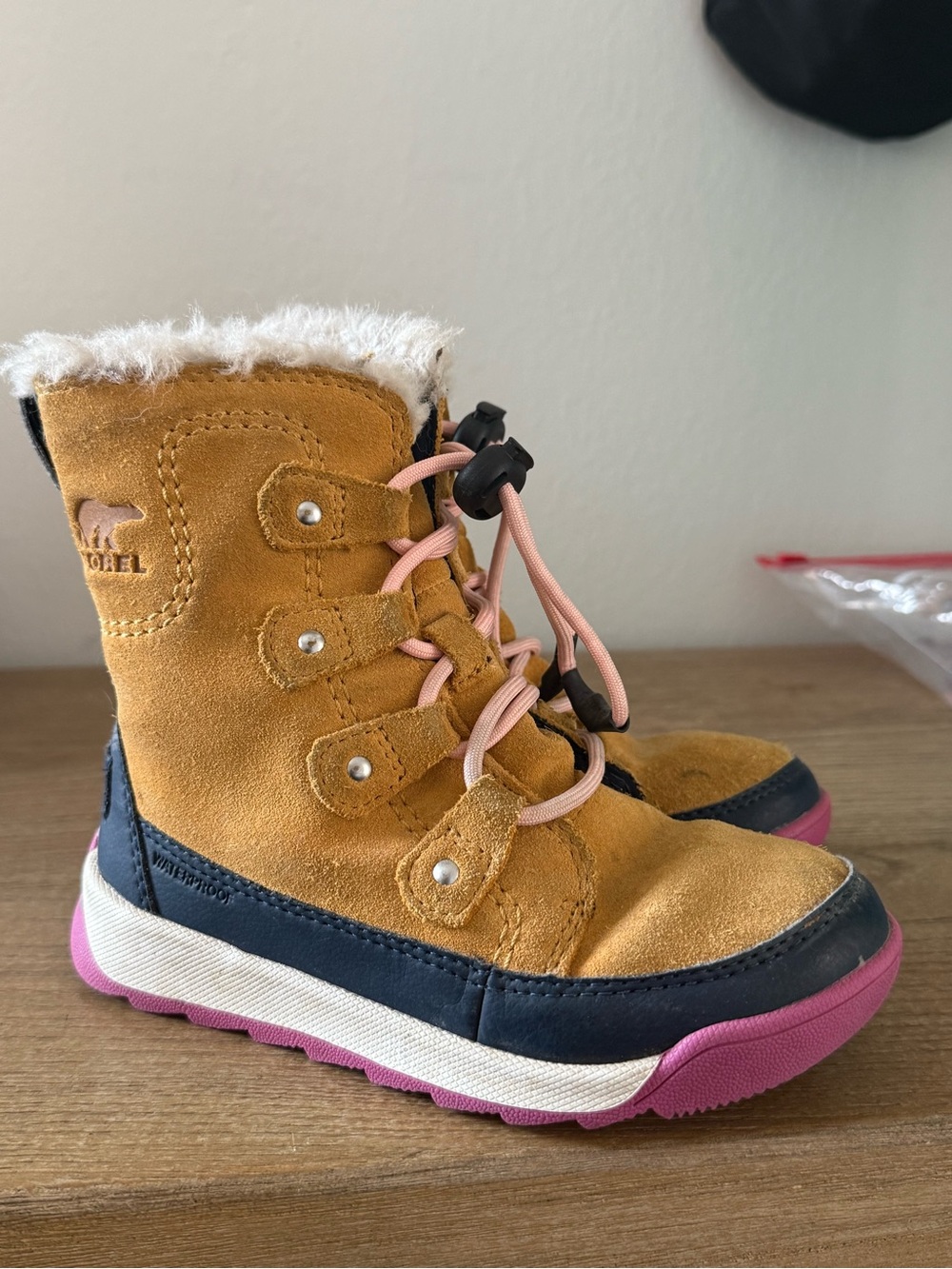 Sorel Kids Mustard Suede Winter Boots with Pink Accents